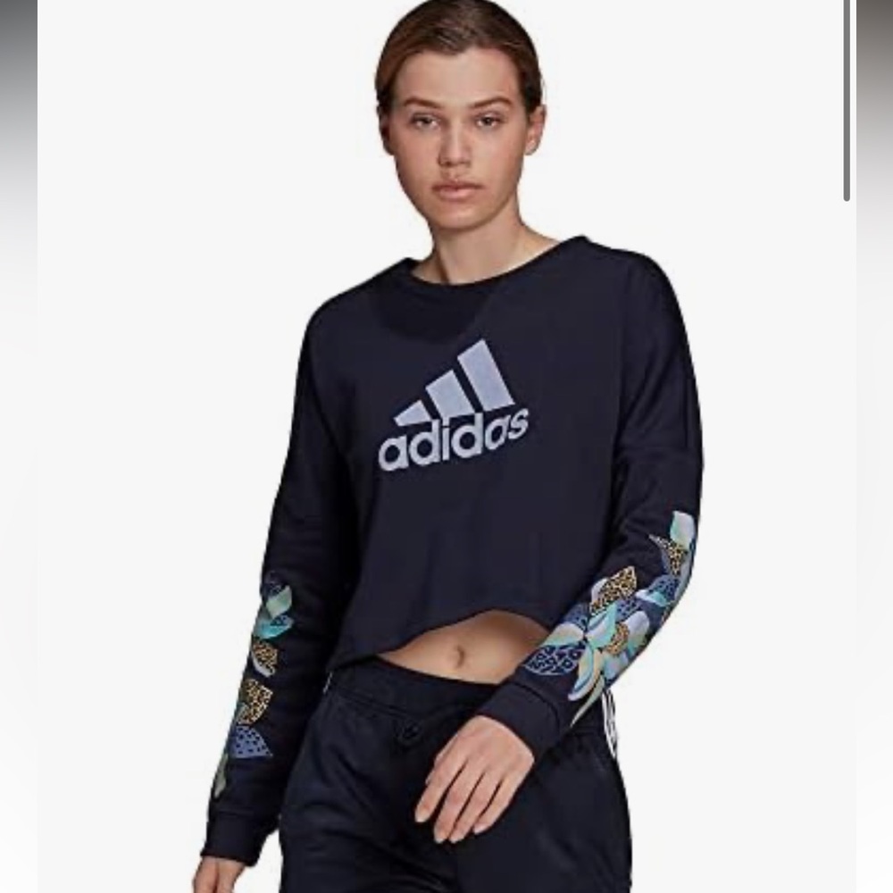 Adidas X Farm Rio Cropped Floral Fleece Logo Sweatshirt Loose Size medium Navy - Picture 5 of 10